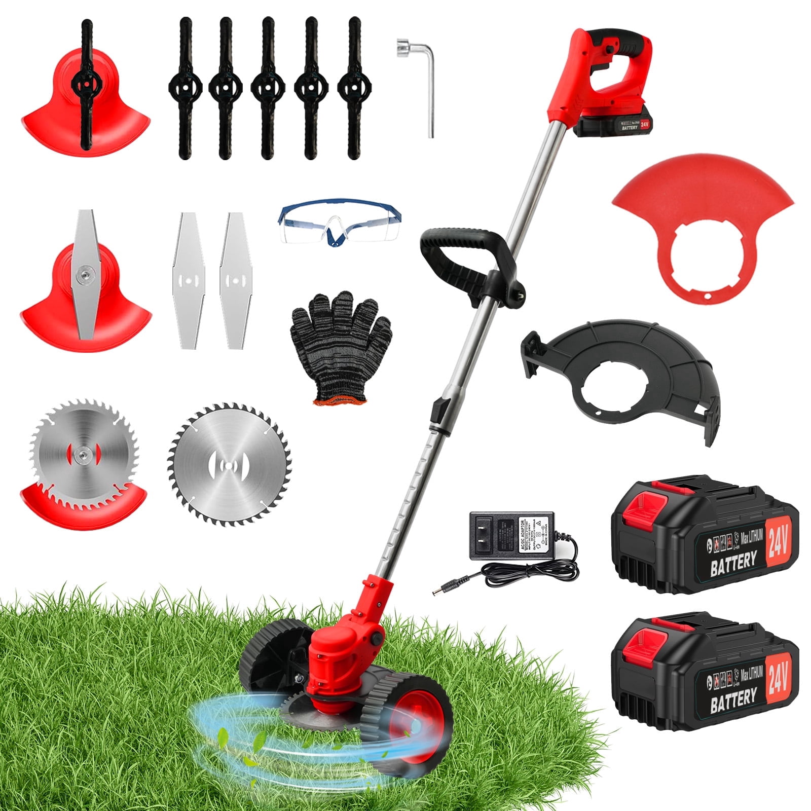 GiftGalore 24V Cordless String Trimmer, 2-in-1 Weed Wacker & Brush Cutter with 2×1300mAh Batteries & Charger, Telescopic Handle with 90° Rotating Head, Wheels & Goggles Included, Red