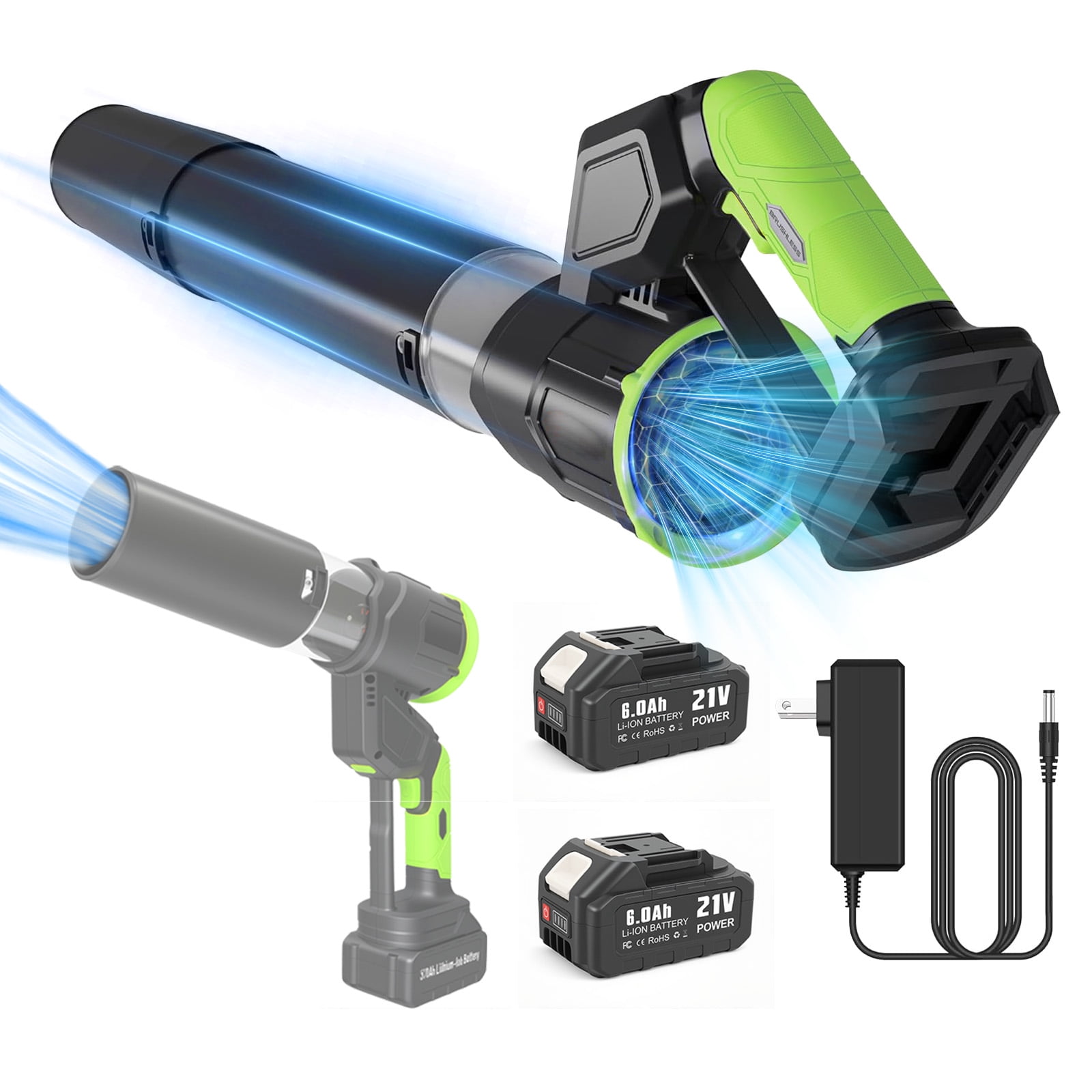 GiftGalore Cordless Leaf Blower, 21V 360W Brushless Motor, 600CFM 130MPH, 3 Speed with Digital Display, 180° Adjustable Modular Air Tube, 2 Pack 6.0Ah Battery for Yard Lawn Snow Dust Cleaning