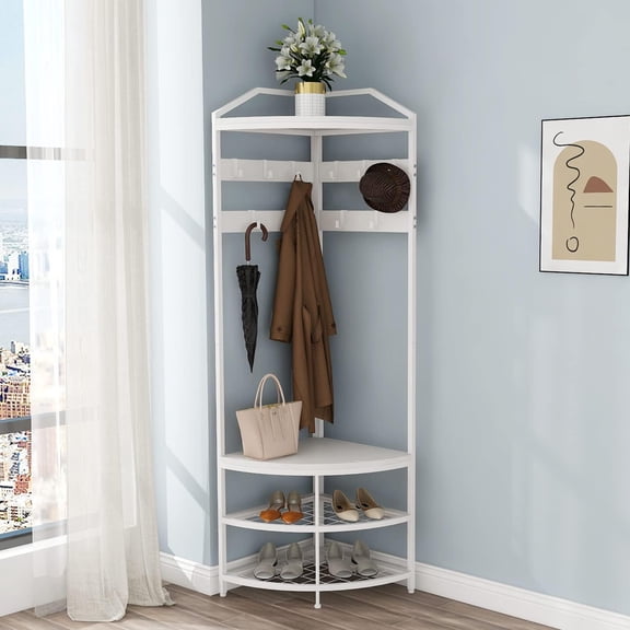 GiftGo Corner Hall Tree with Shoe Bench Entryway Coat Rack with 10 Metal Movable Hooks Floor Standing Clothes Rack Shoes Shelf Organizer for Home Office Bedroom (Rustic Brown)