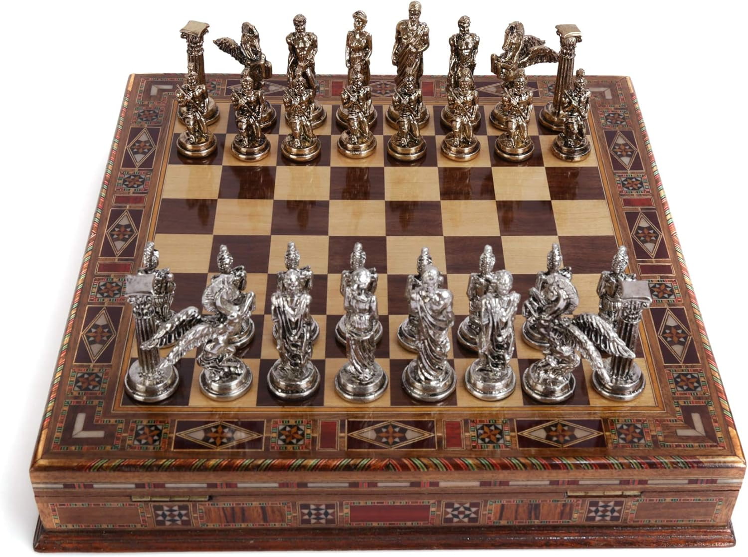 Mythologic Pegasus Metal Chess Set - Handmade Antique Copper Figures With Marble Pattern Wood Board, King 3.35''