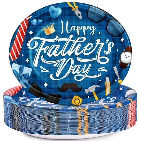 GiftPeak 50Pcs Fathers Day IFF17 Oval Paper Plates, 10"X12.5" Disposable Happy Father's Day Party Decorations, Heavy Duty Dinner Food Plates, Fathers Day Party Supplies Dinnerware Tableware Set