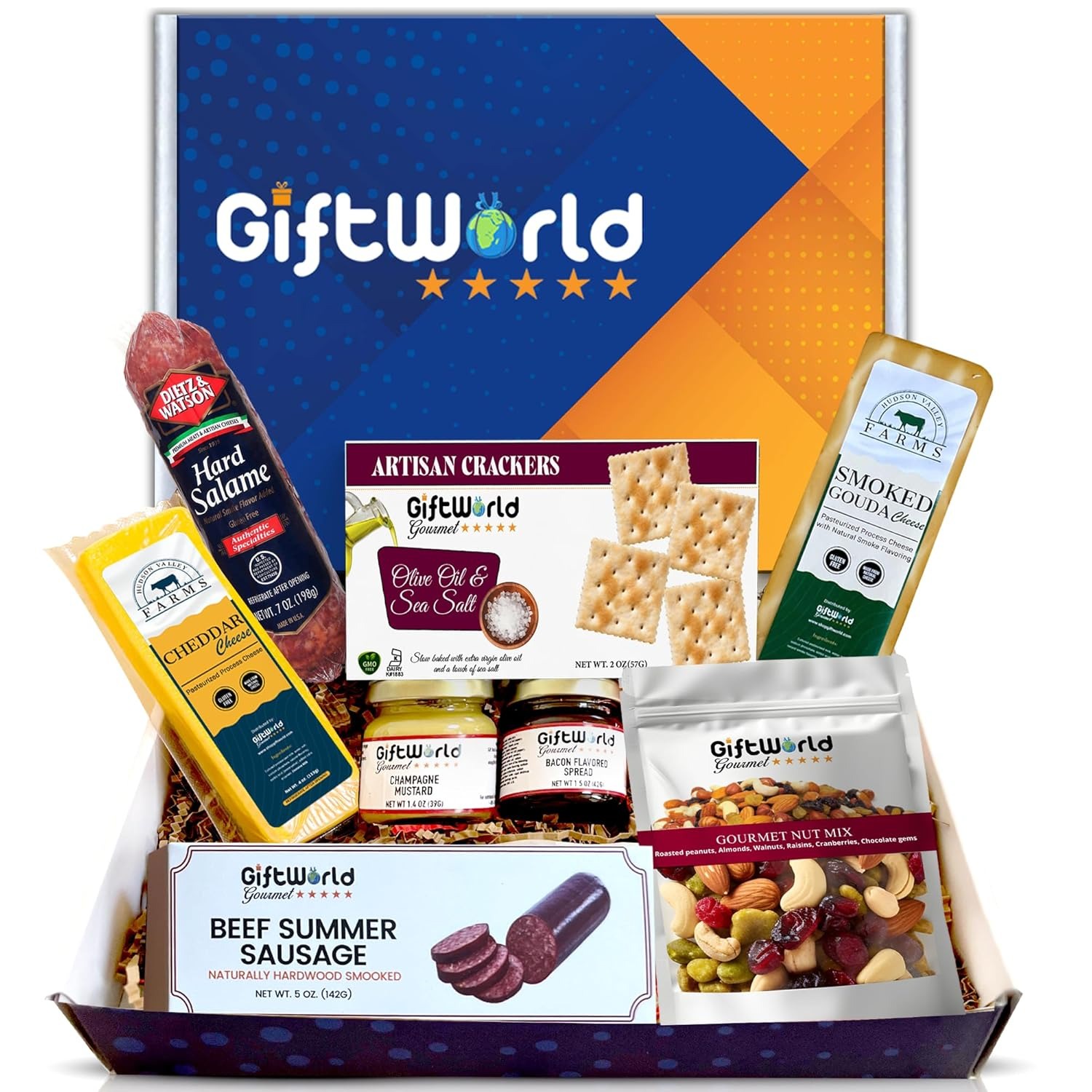 GiftWorld Beef Summer Sausage & Cheese Gift Basket | Meat & Cheese Gifts for Men, Women, Charcuterie