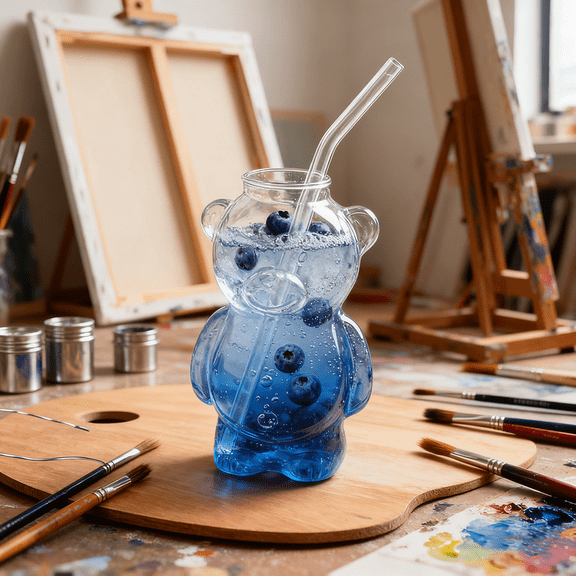 Giftable Bear Glass Tumbler Set, 11oz Cute Cup with Straw and Cleaning Brush, The Complete Holiday Present Solution UKHBMC | Transparent