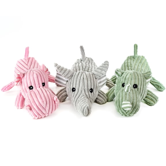 Giftable World 12" Lying Rhino, Hippo, Elephant with Squeaker and Crinkle Ears Plush Pet Toy 3 Piece Assortment