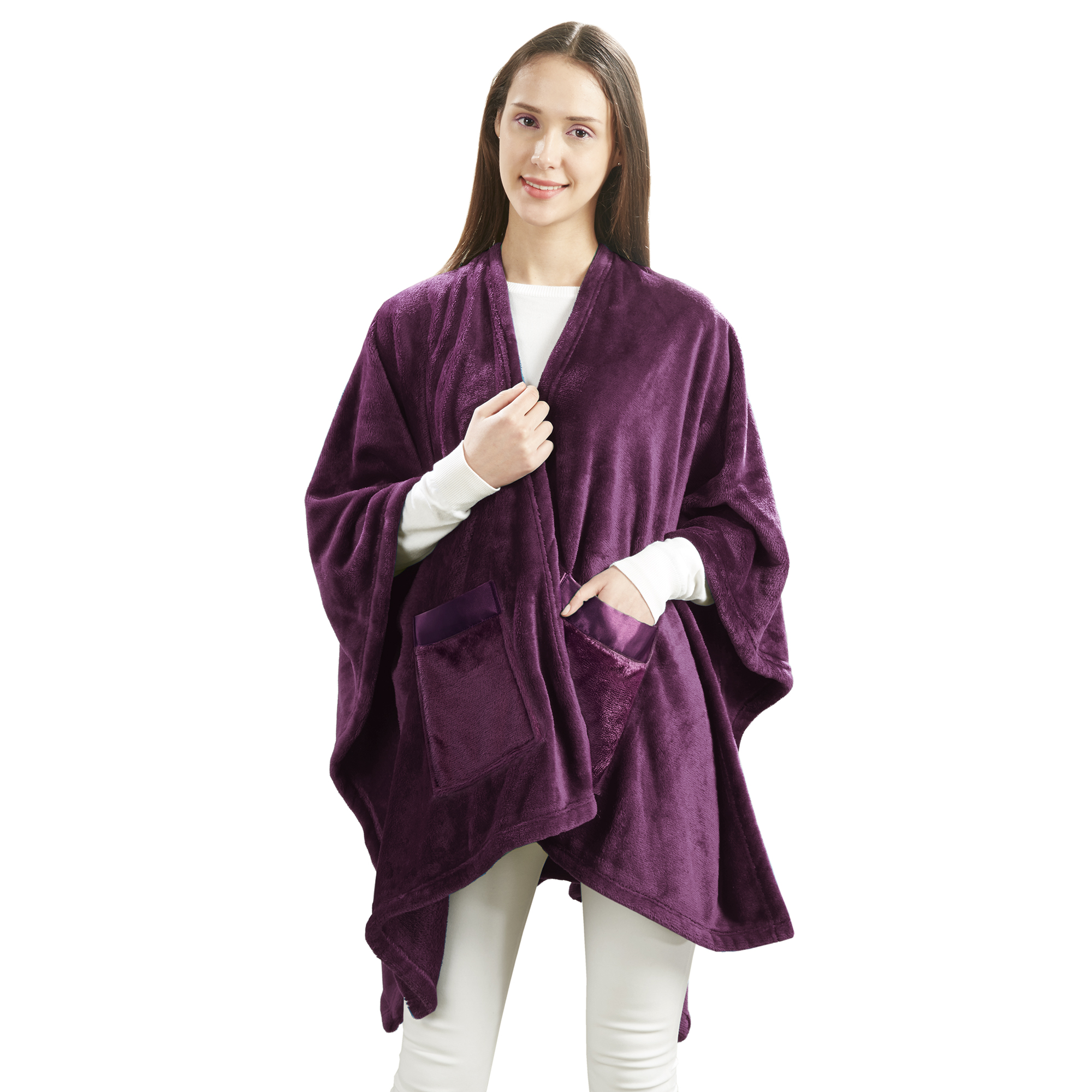 Giftable and Wearable Angel Wrap Plush Throw Blanket with Pockets, Purple