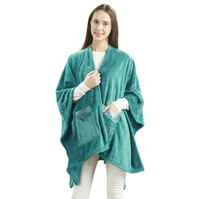 Giftable and Wearable Angel Wrap Plush Throw Blanket with Pockets, Teal ...
