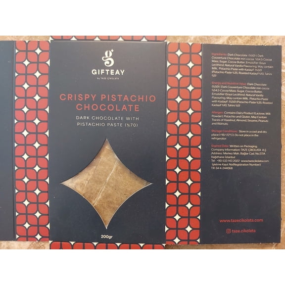 Gifteay Dubai Chocolate Bar Pistachio Knafeh, Belgian Dark Chocolate with Crispy Kataifi & 70% Pistachio Filling,Handmade Chocolate, 200g (7 oz)