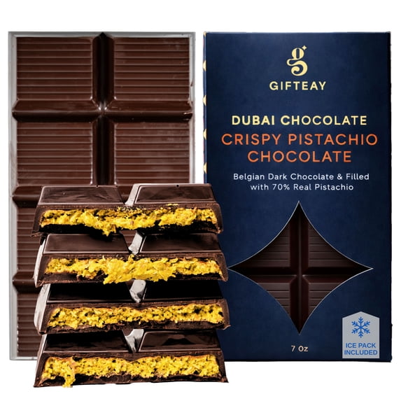Gifteay Dubai Chocolate Bar Pistachio Knafeh, Belgian Dark Chocolate with Crispy Kataifi & 70% Pistachio Filling,Handmade Chocolate, 200g (7 oz)