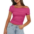 thumbnail image 1 of Giftesty Blouses for Women Dressy Casual 2024 Women's Solid Color Casual Fashion Single Shoulder Short Sleeved Back Pleated Top T-shirt Woman, 1 of 6