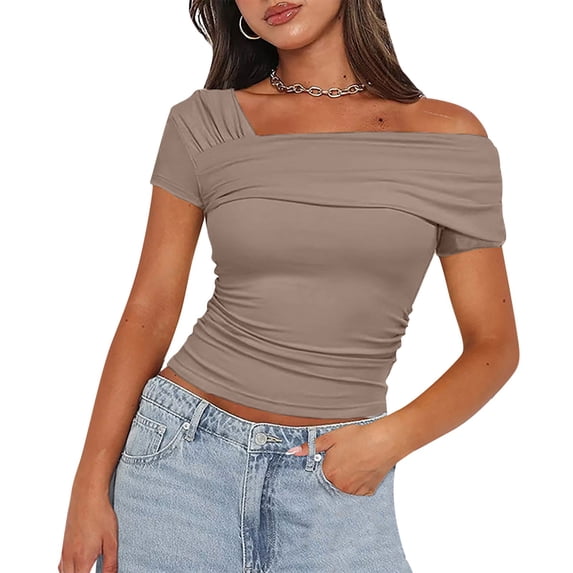 Giftesty Blouses for Women Dressy Casual 2024 Women's Solid Color Casual Fashion Single Shoulder Short Sleeved Back Pleated Top T-shirt Woman
