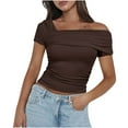 thumbnail image 1 of Giftesty Blouses for Women Dressy Casual Women's Solid Color Casual Fashion Single Shoulder Short Sleeved Back Pleated Top T-shirt Woman, 1 of 5