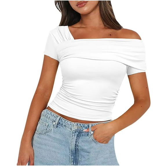 Giftesty Blouses for Women Dressy Casual Women's Solid Color Casual Fashion Single Shoulder Short Sleeved Back Pleated Top T-shirt Woman
