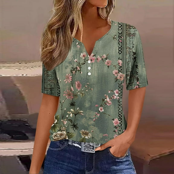 Giftesty Blouses for Women Dressy Casual Summer Tops for Women Vacation Trendy V Neck Short Sleeve Shirts Casual Loose Spring Vintage Floral Print Comfy Tunic Clothes