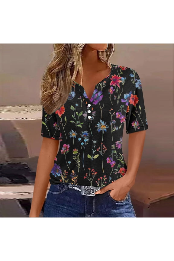 Blouses for Women Dressy Casual Summer Tops for Women Vacation Trendy V Neck Short Sleeve Shirts Casual Loose Spring Vintage Floral Print Comfy Tunic Clothes