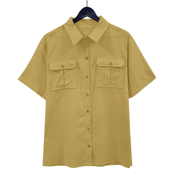 Giftesty Blouses for Women Dressy Casual Unisex Summer Lapel Single Breasted Double Pocket Short Sleeved Shirt Top Short Sleeved Lapel Top/shirt