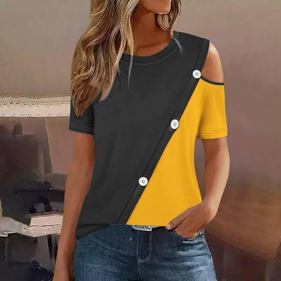 Giftesty Blouses for Women Dressy Casual Women'S Summer Casual and Comfortable Patchwork Color Cold Shoulder Button Splicing Short-Sleeved Round Neck Top/Shirt