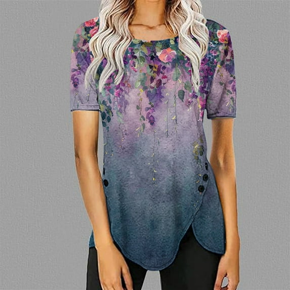 Giftesty Blouses for Women Dressy Casual Women's Casual Round Neck Casual Button Printed Short Sleeve Blouse Short Sleeve Round Neck Blouse/Shirt