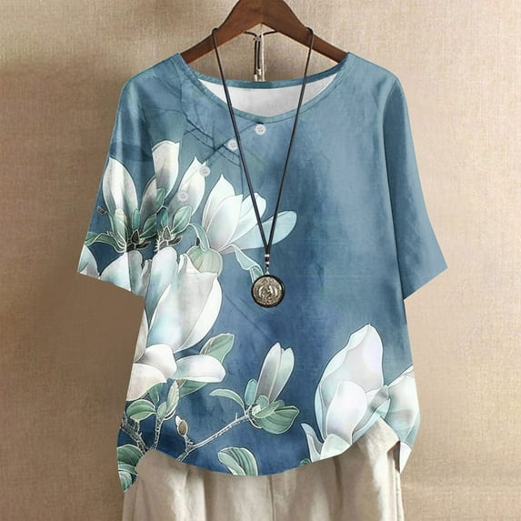 Giftesty Blouses for Women Dressy Casual Women's Casual Round Neck Casual Button Printed Short Sleeve Blouse Short Sleeve Round Neck Blouse/Shirt