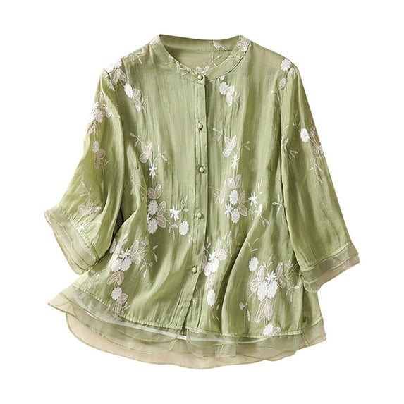 Giftesty Blouses for Women Dressy Casual Women's New Round Neck Spring Cotton Linen Embroidery Seven-point Sleeve Casual Fashion Shirt