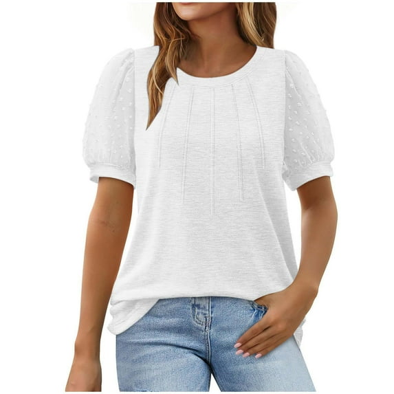 Giftesty Blouses for Women Dressy Casual Fashion Woman Casual Round-Neck Vintage Solid Mesh Blouse Short Sleeve T-Shirt Summer Tops