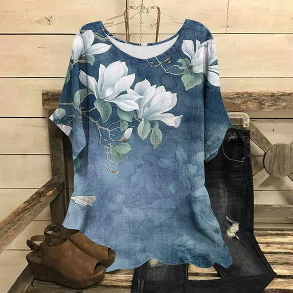 Giftesty Blouses for Women Dressy Casual Fashion Women's Summer Round-Neck Short Sleeve Print Casual T-shirt Blouse