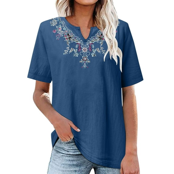 Giftesty Blouses for Women Dressy Casual Fashion Women's Summer V-Neck Short Sleeve Cotton Linen Solid Casual T-shirt Blouse