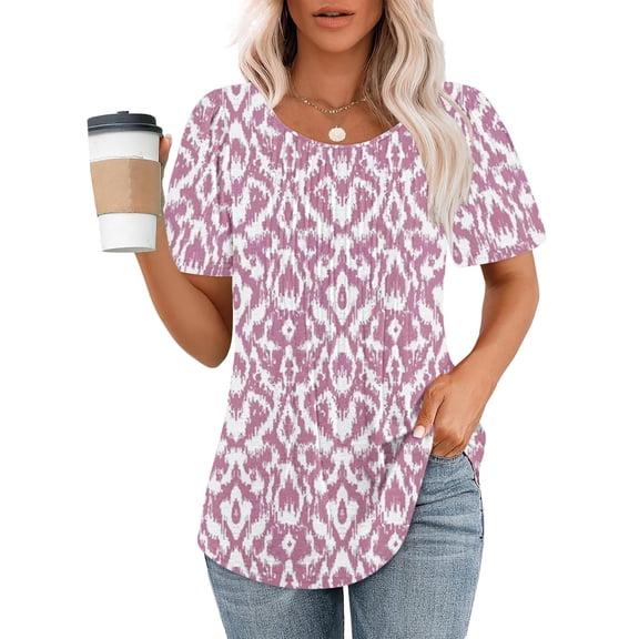Giftesty Blouses for Women Dressy Casual Fashionable Women's Casual Short Sleeved Loose Round Neck Printed Top