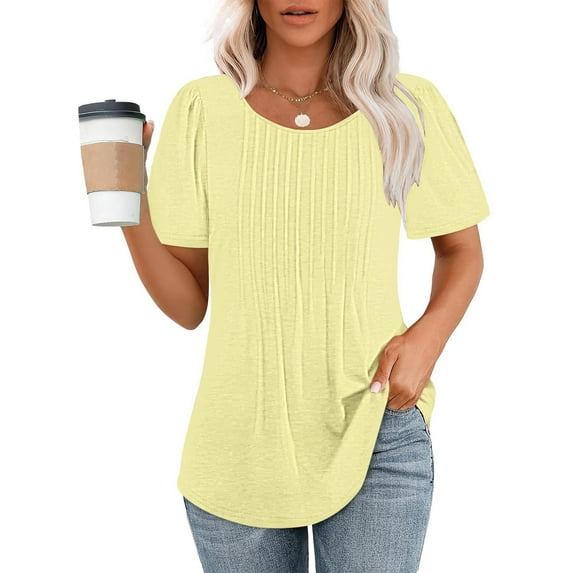 Giftesty Blouses for Women Dressy Casual Fashionable Women's Casual Short Sleeved Loose Round Neck Solid Color Top