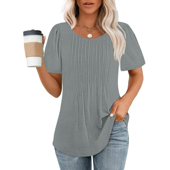 Giftesty Blouses for Women Dressy Casual Fashionable Women's Casual Short Sleeved Loose Round Neck Solid Color Top