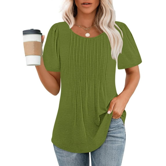Giftesty Blouses for Women Dressy Casual Fashionable Women's Casual Short Sleeved Loose Round Neck Solid Color Top