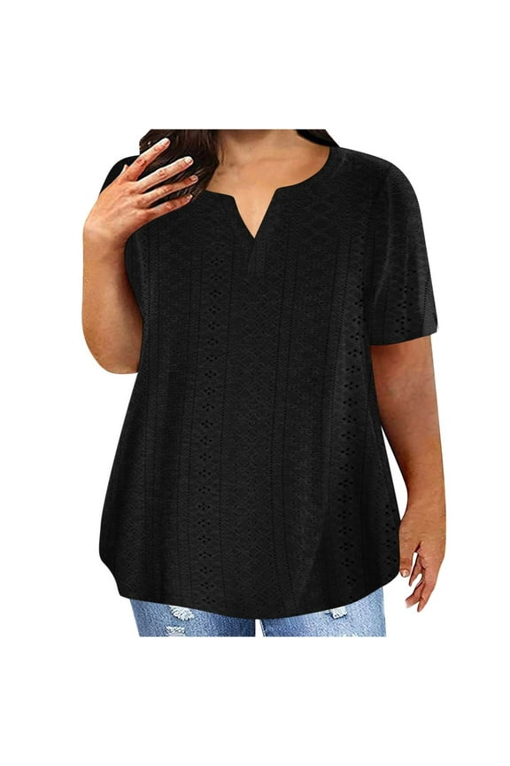 Blouses for Women Dressy Casual Plus Size Eyelet Tops for Women Sexy V-Neck Blouse Solid Casual Loose Summer Short Sleeve Blouse