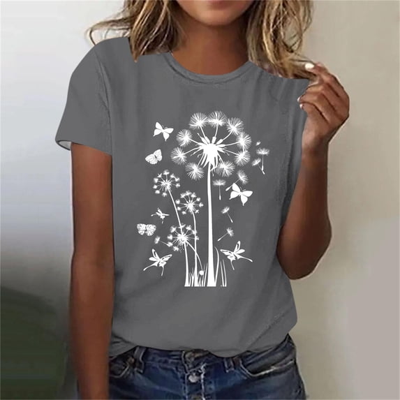 Giftesty Blouses for Women Dressy Casual Women Fashion Summer Sexy Printed Regular Women Short Sleeves Round Neck