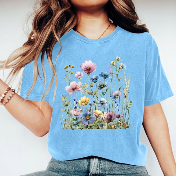 Giftesty Blouses for Women Dressy Casual Women Mother's Day Gift Mom Flower Print Short Sleeve Round Neck T-shirt Pattern Top