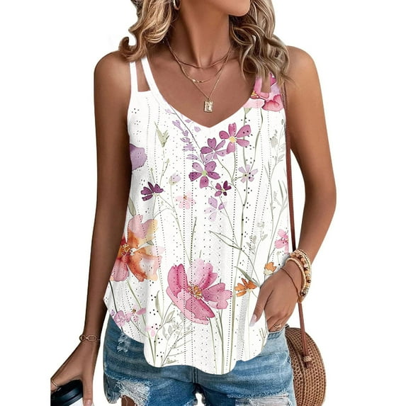 Giftesty Blouses for Women Dressy Casual Women Printing Sleeveless Round Neck Pullover Eyelet Tops Shirts Blouse