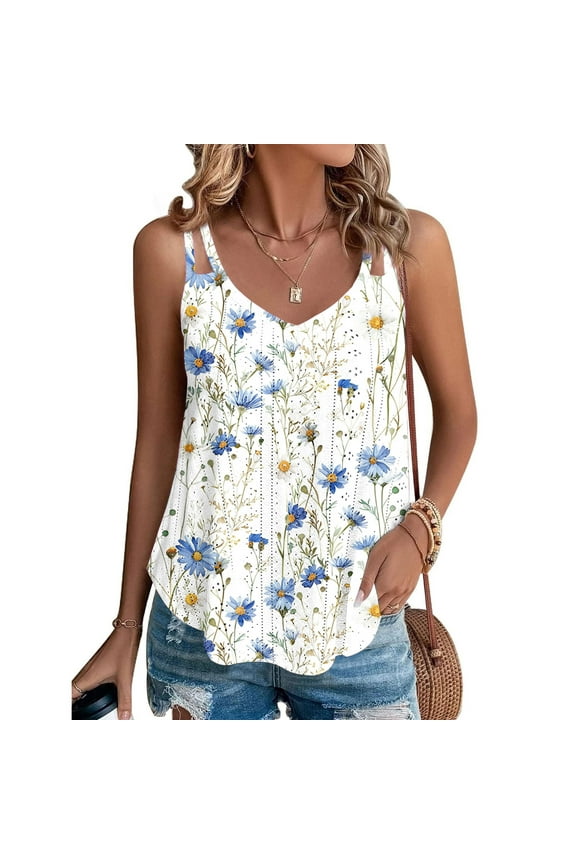 Blouses for Women Dressy Casual Women Printing Sleeveless Round Neck Pullover Eyelet Tops Shirts Blouse