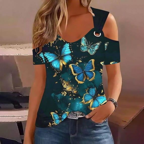 Giftesty Blouses for Women Dressy Casual Women Summer Sexy T- Shirt Cold Shoulder Pullover Blouse V-Neck Short Sleeve Print Tops