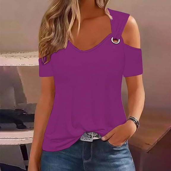 Giftesty Blouses for Women Dressy Casual Women Summer Sexy T- Shirt Cold Shoulder Pullover Blouse V-Neck Short Sleeve Solid Tops