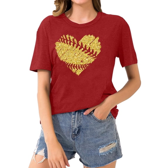 Giftesty Blouses for Women Dressy Casual Women's Baseball Sport Printed T-shirt with Round Neck and Short Sleeved Top