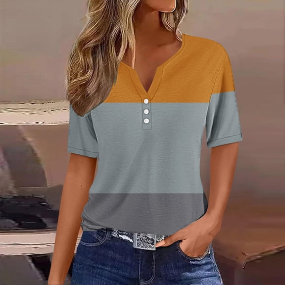 Giftesty Blouses for Women Dressy Casual Women's Casual Printed Color Short-Sleeved Button V-Neck Top Blouse
