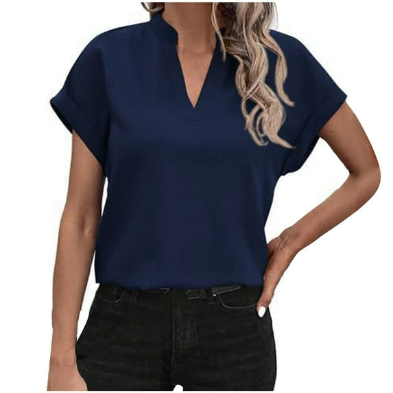Giftesty Blouses for Women Dressy Casual Women's Casual Printed Color Short-Sleeved Button V-Neck Top Blouse