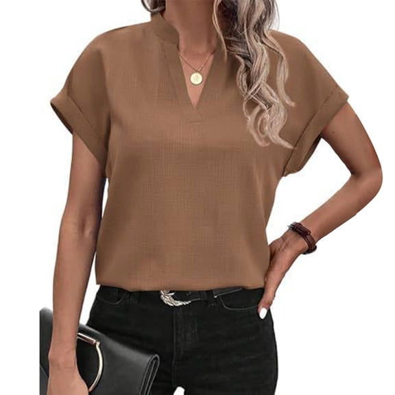Giftesty Blouses for Women Dressy Casual Women's Casual Printed Color Short-Sleeved Button V-Neck Top Blouse