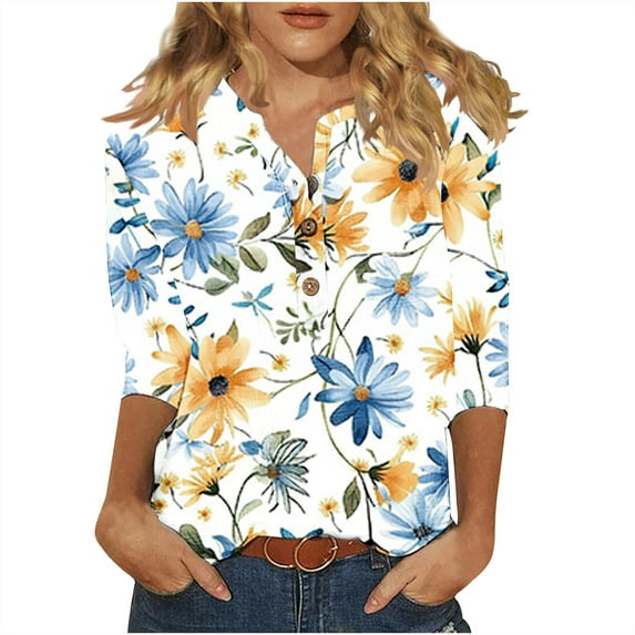 Giftesty Blouses for Women Dressy Casual Women's Casual Round Neck Button Cotton Linen Printed Three Quarter Sleeve Top
