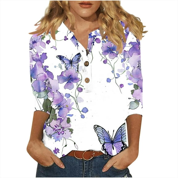 Giftesty Blouses for Women Dressy Casual Women's Casual Round Neck Button Cotton Linen Printed Three Quarter Sleeve Top