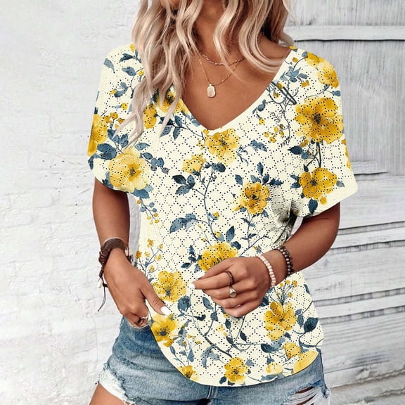 Giftesty Blouses for Women Dressy Casual Women's Fashion Solid Color Short-sleeved V-neck Loose Casual Tops