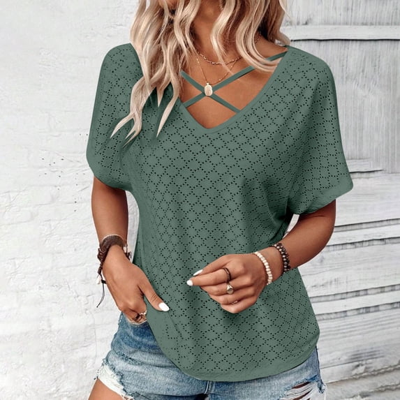 Giftesty Blouses for Women Dressy Casual Women's Fashion Solid Color Short-sleeved V-neck Loose Casual Tops