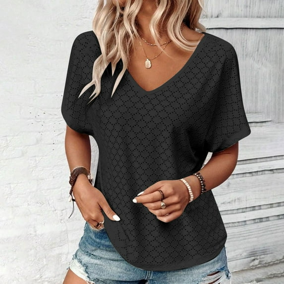 Giftesty Blouses for Women Dressy Casual Women's Fashion Solid Color Short-sleeved V-neck Loose Casual Tops