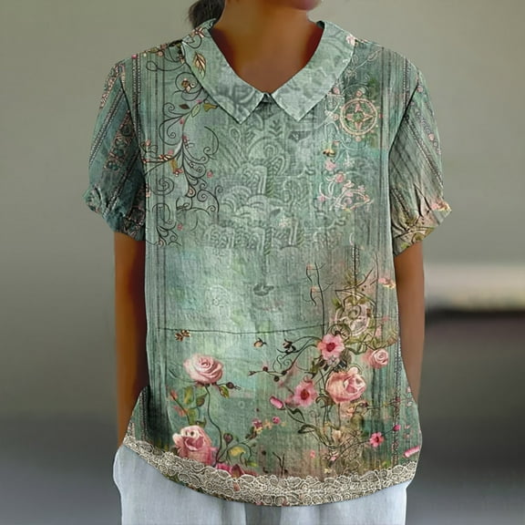 Giftesty Blouses for Women Dressy Casual Women's Ladies Fashion Casual Cropped Short Sleeve Printing Cotton Loose Shirt Blouse Top