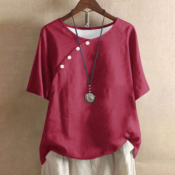 Giftesty Blouses for Women Dressy Casual Women's Solid Color Casual Round Neck Linen Knot Linen Button Short Sleeved Top