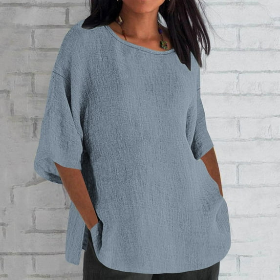 Giftesty Blouses for Women Dressy Casual Women's Solid Color Crew Neck Shirt Seven-Point Sleeve Casual Top