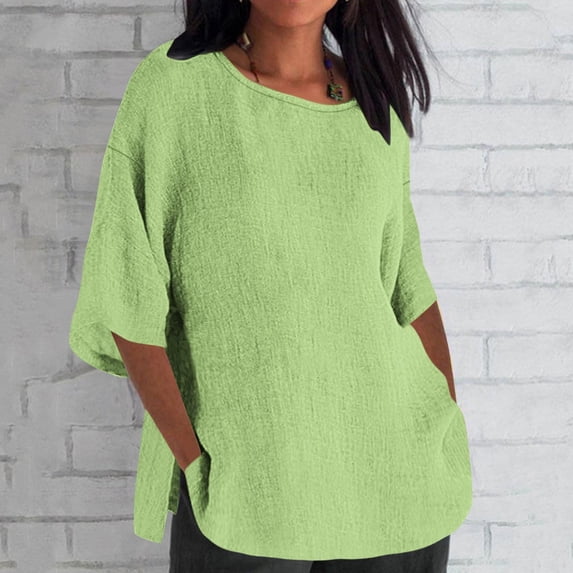 Giftesty Blouses for Women Dressy Casual Women's Solid Color Crew Neck Shirt Seven-Point Sleeve Casual Top